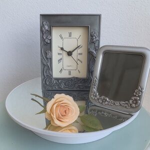 VINTAGE INTERCRAFT COMPANY 2-Piece Set Clock Frame Pewter 3D Floral Rose Design